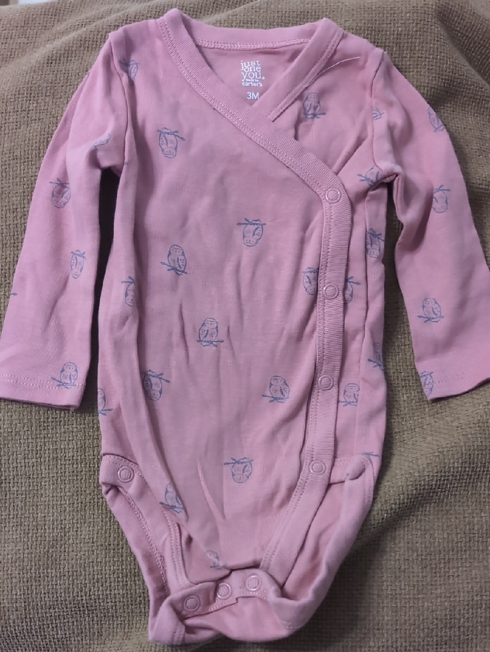 Carter's Pink Long-Sleeve Wrap-Front One-Piece with Blue Owl Print